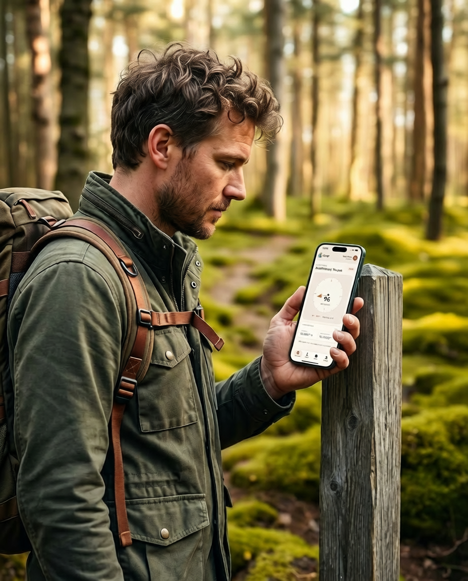 Hiker using the iGoqr app on a forest trail