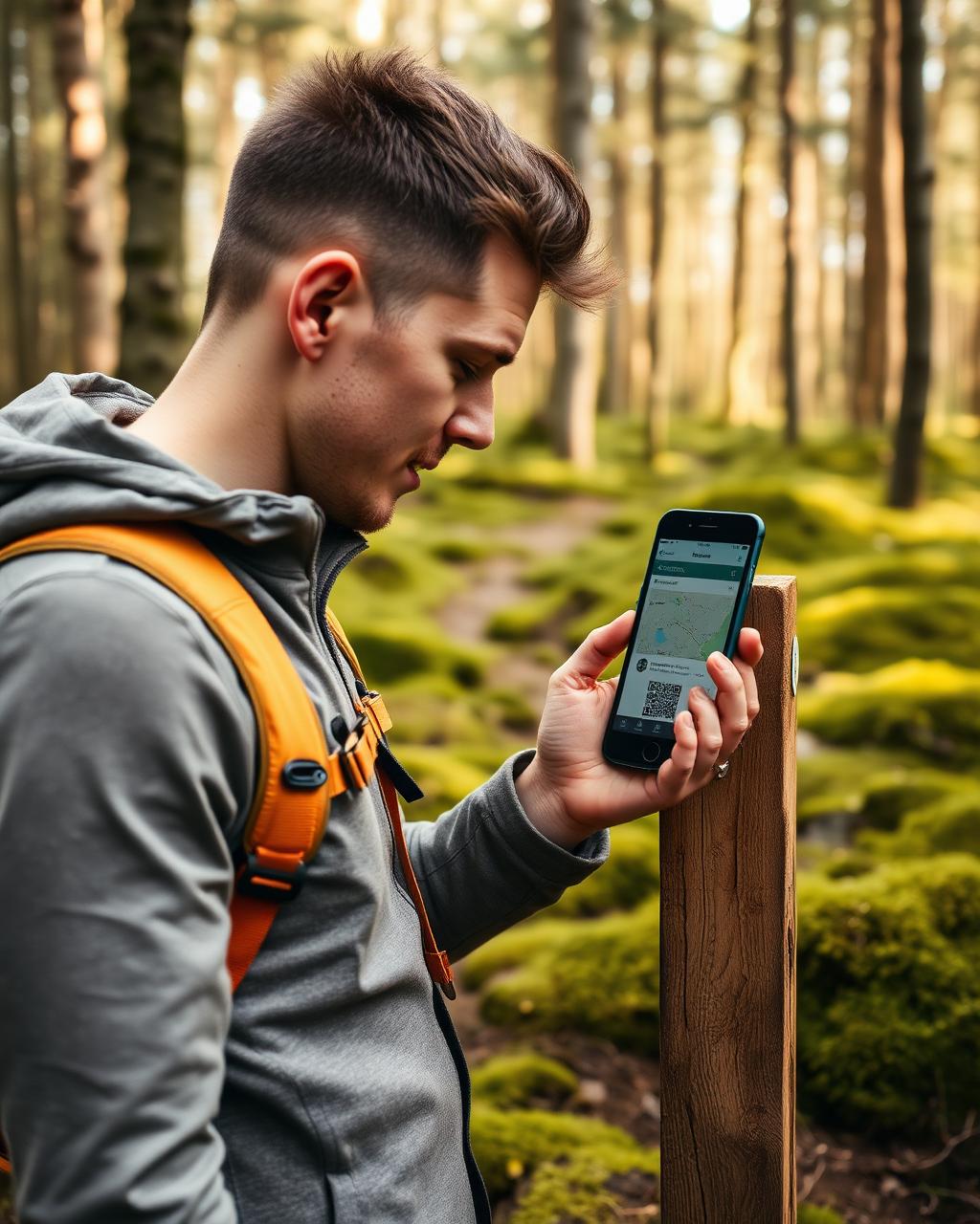 Hiker scanning an outdoor iGoqr marker